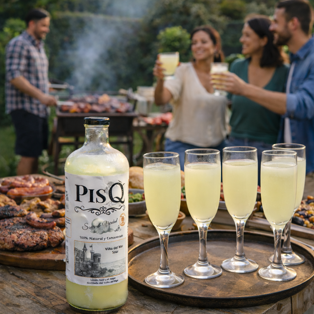 Botella PisQ Sour artesanal con copas en un asado